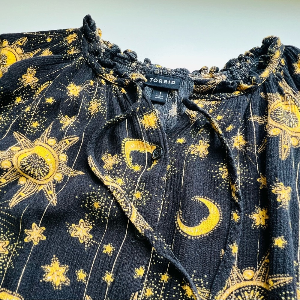Black Blouse with Yellow and Gold Celestial Design Moon and Stars, size XL